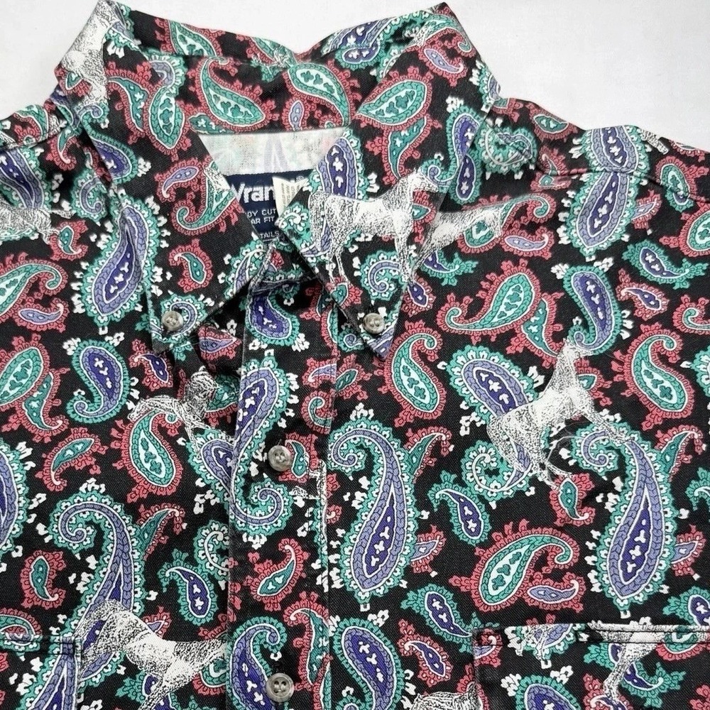 Wrangler Long Sleeve Cowboy Cut Button Down Shirt 17.5 Paisley Horse Vintage